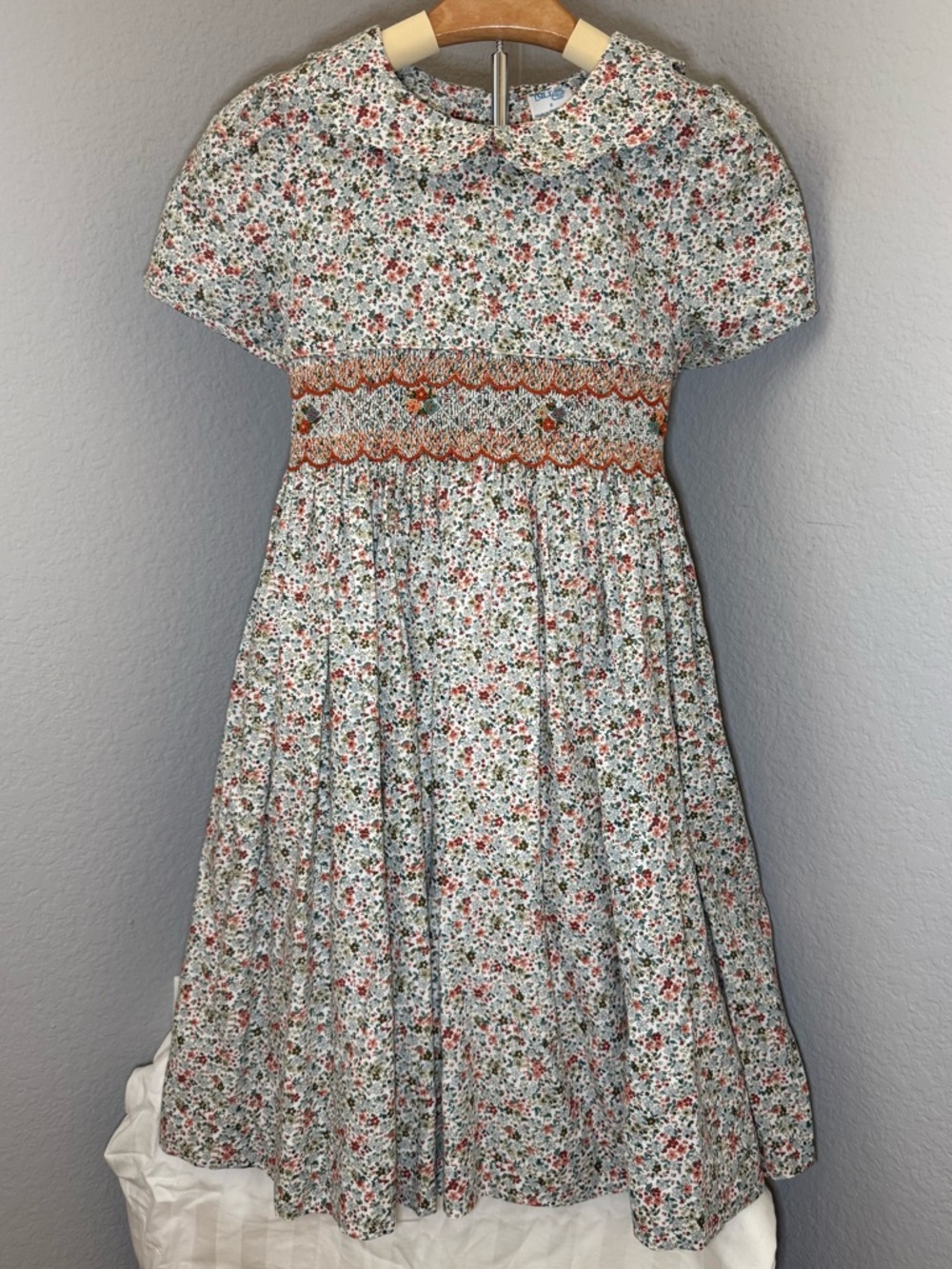 Luli & Me White Floral Dress with Coral Smocked Waist